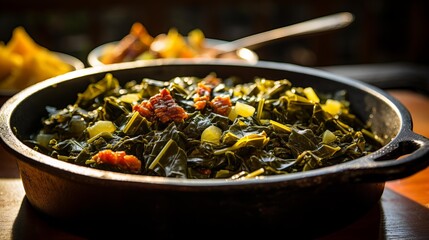 Rustic Pot of Southern Style Collard Greens with Bacon and Vinegar - obrazy, fototapety, plakaty