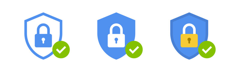 Shield lock check mark icon or security shield protection icon with padlock tick symbol