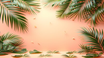Fototapeta na wymiar Pastel peach background with tropical leaf palm, with a place for your product with copy space
