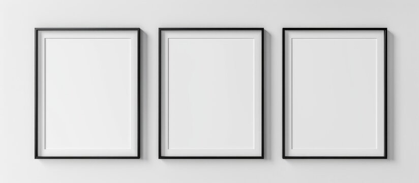 Mockup of white posters with black frames on a plain background.