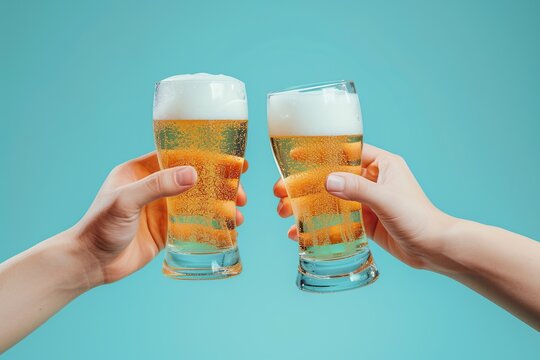Two hands holding two glasses of beer on a blue background