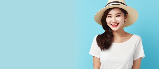 A happy woman in a fedora hat and white shirt is smiling with bright eyelashes against an electric blue background - obrazy, fototapety, plakaty