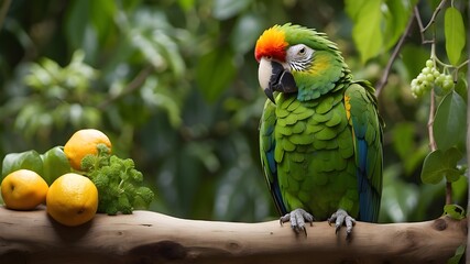 A verdant parrot seeks sustenance.