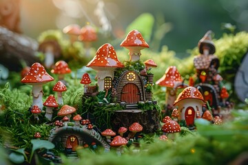 Enchanting miniature toadstool village with magical beings showcasing the whimsical charm of tiny dwellers. Concept Miniature Magic, Whimsical World, Tiny Dwellers, Enchanting Toadstools