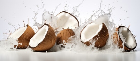 Multiple fresh coconuts are dropping and splashing into a clear glass filled with milk and a drizzle of water