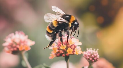 A macro shot of a bumblebee hovering over a flower    AI generated illustration