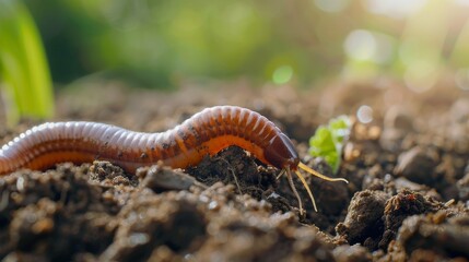 A macro shot of an earthworm wriggling through dirt    AI generated illustration