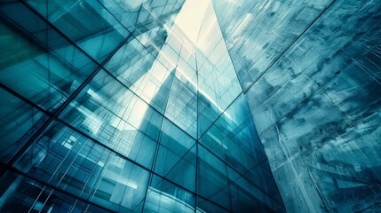 Abstract modern business architecture Fragment of modern architecture walls made of glass and concrete Blue tonal filter photo   AI generated illustration