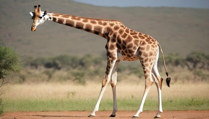 A Giraffe With Its Long Legs Stretching Out - obrazy, fototapety, plakaty