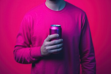 Young man holding a can of soda on a magenta background. Close-up.