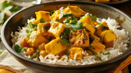 Exotic Mango Coconut Curry A professional photograph capturing an exotic mango coconut curry featuring tender tofu or chickpeas AI generated illustration - obrazy, fototapety, plakaty