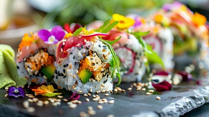 Exquisite Vegan Sushi Rolls A professional photograph capturing exquisite vegan sushi rolls filled with colorful vegetables avo  AI generated illustration