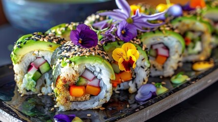 Exquisite Vegan Sushi Rolls A professional photograph capturing exquisite vegan sushi rolls filled with colorful vegetables avo  AI generated illustration