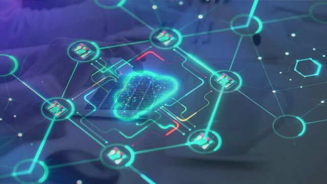 data transfer cloud computing technology concept. There is a large prominent cloud icon in the center with internal connections. and small icon on abstract world map polygon with dark blue background.