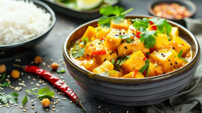 Exotic Mango Coconut Curry A professional photograph capturing an exotic mango coconut curry featuring tender tofu or chickpeas  AI generated illustration