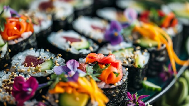 Exquisite Vegan Sushi Rolls A professional photograph capturing exquisite vegan sushi rolls filled with colorful vegetables avo AI generated illustration