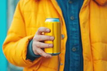 Close up of yellow soda can in the hands of a man in a yellow jacket - obrazy, fototapety, plakaty
