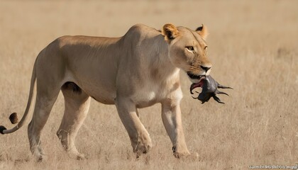 A Lioness Sneaking Up On A Wildebeest - obrazy, fototapety, plakaty