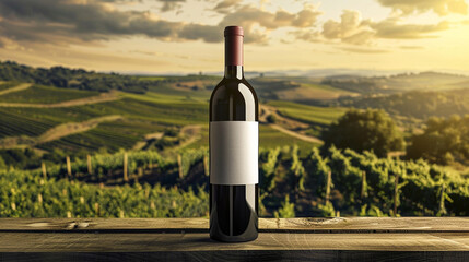Fototapeta premium Gorgeous Wine Bottle Mock-Up Against a Vibrant Backdrop of Rolling Vineyards with Lush Grapevines - Golden Reflection with a White Label on the Bottle and No Text
