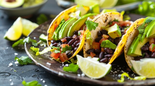 Healthy Plant-Based Tacos A professional photograph capturing healthy plant-based tacos filled with seasoned black beans avocad  AI generated illustration