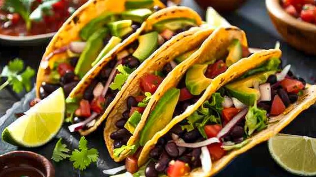 Healthy Plant-Based Tacos A professional photograph capturing healthy plant-based tacos filled with seasoned black beans avocad  AI generated illustration