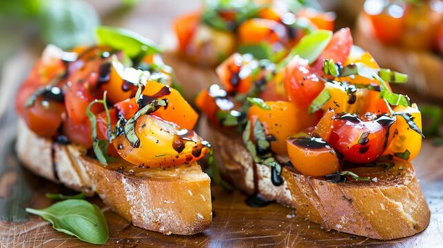 Heirloom Tomato Bruschetta A professional photograph capturing heirloom tomato bruschetta topped with basil garlic and a drizzl  AI generated illustration