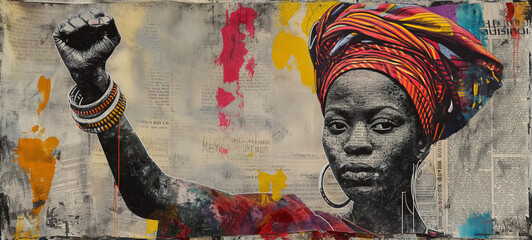 Graffiti, collage of grunge newspapers and multicolored painting, illustration of an African woman with a fighting spirit, a raised fist as a rebel, urban graphic artwork, street art, mixed media