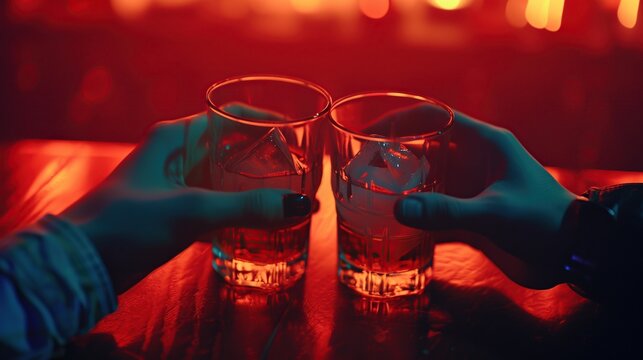 Two hands holding glasses of absinthe with ice on a red background