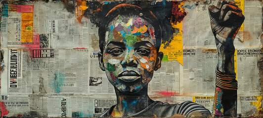 African woman's fist raised in strength against a rich tapestry of newspaper fragments and multicolored paints, encapsulating the spirit of empowerment, resilience, and cultural heritage