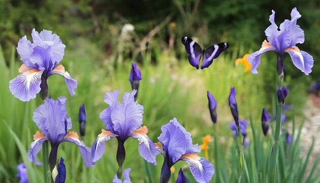 Butterflies Fluttering Around A Garden Of Irises
