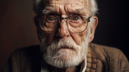 An old man with glasses and a beard is looking at the camera, AI