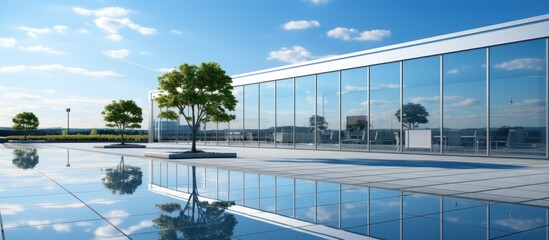 Modern office building with glass wall and blue sky.