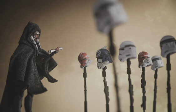 NEW YORK USA, APRIL 2 2024: Star Wars The Clone Wars - Jedi Ahsoka Tano buries fallen clone troopers, Victory and Death final scene - Hasbro figures