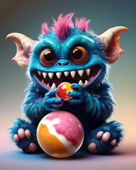 Angry little monster eating gum, for ilustrations design, for 3d design, for characters design.