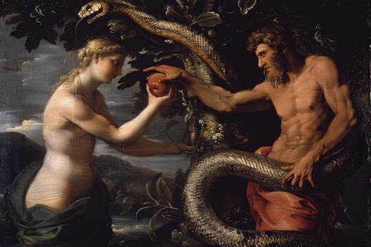 The fall of Adam and Eve, genesis narrative, delving into the biblical original sin, paradise tree, apple, exile, temptation