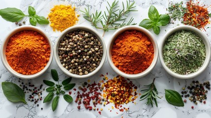 Variety of spices and dry herbs in bowls