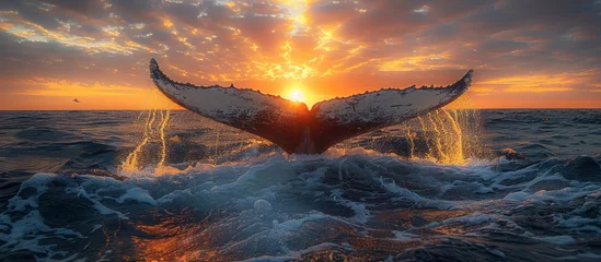 Foto op Plexiglas whale tail above the sea and with a sunrise background © KRIS
