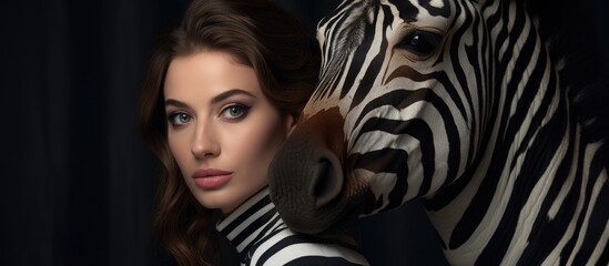 A woman with a zebra head on her shoulder is gently holding a giraffe with unique features, blending different animals