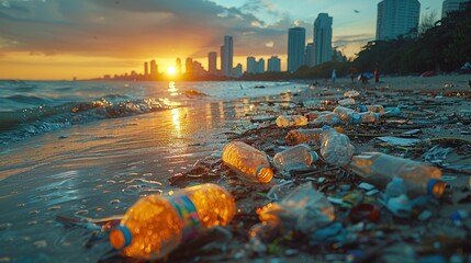 Spilled garbage on the beach of a big city on a sunset day - obrazy, fototapety, plakaty