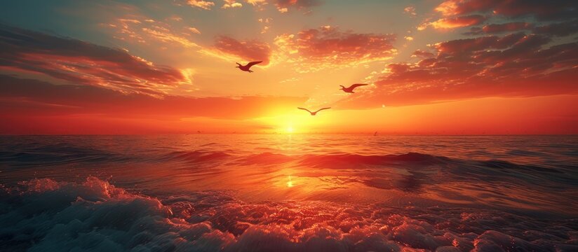sunset and flying birds