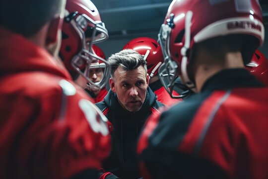 Team Meeting: Coach and Players Strategizing Game Plan and Training Schedule with Focus on Teamwork and Communication. Concept Team Building, Strategy, Communication Skills, Training, Goal Setting