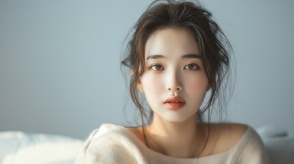 Portrait of Korean girl wearing simple style clothes and looking at the camera against gray background.