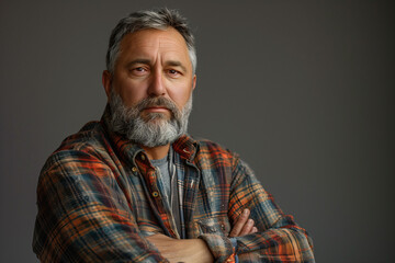 Mature Bearded Man in Plaid Shirt, Studio Portrait