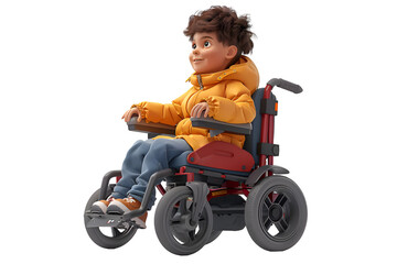 A 3D animated cartoon render of a child with a disability happily riding an electric wheelchair.