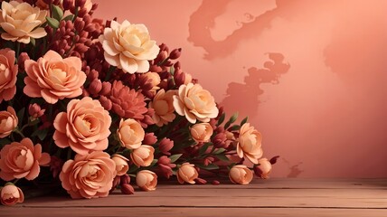 bouquet of flowers on wooden background,  floral banner,  floral background 