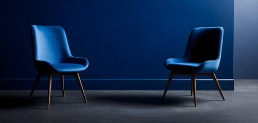 two chairs in front of a blue wall with a blue background
