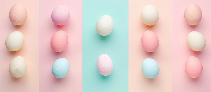 Easter eggs in cute pastel colors arranged on a colorful background, portraying a joyful Easter theme