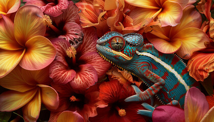 A chameleon is nestled among a sea of bright, multicolored flowers