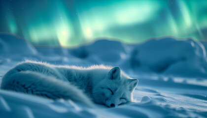 A fox sleeps peacefully under the magical northern lights in a snowy landscape