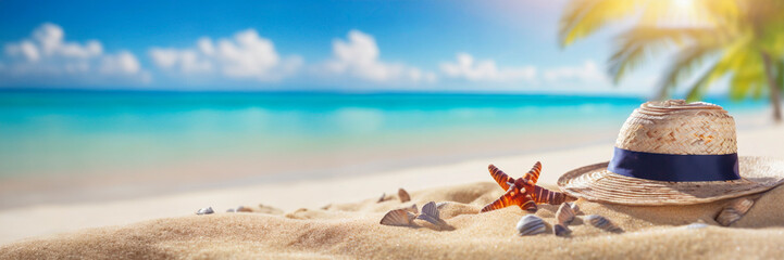 Starfish and palm tree on the sandy tropical beach. Summer vacation panoramic banner with copy space. 